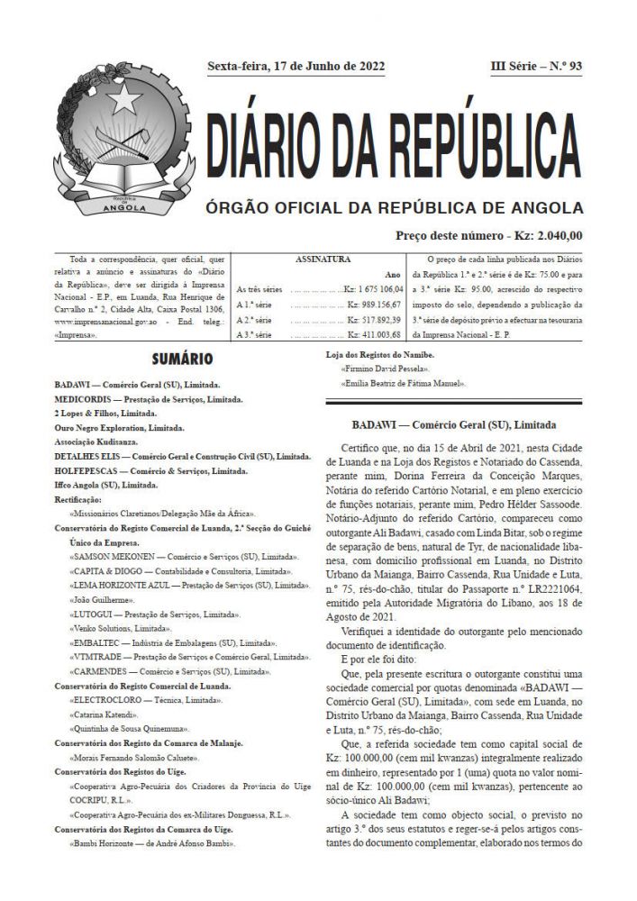 Diário da República IIIª Série n.º 93 de 17 de Junho de 2022