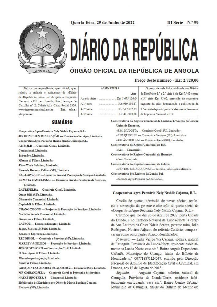 Diário da República IIIª Série n.º 99 de 29 de Junho de 2022
