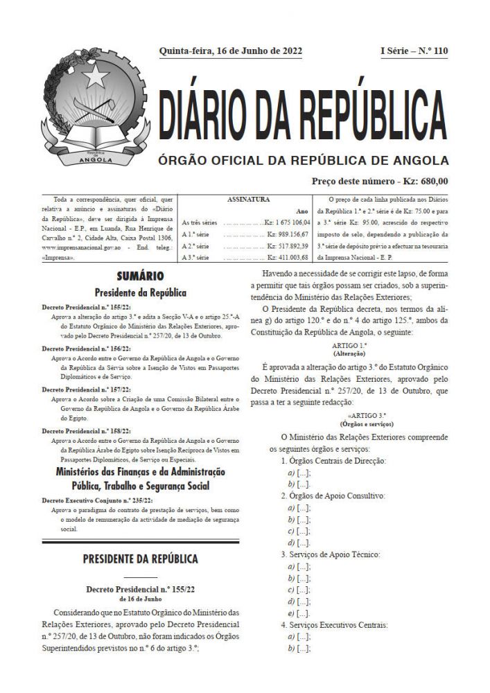 Diário da República Iª Série n.º 110 de 16 de Junho de 2022